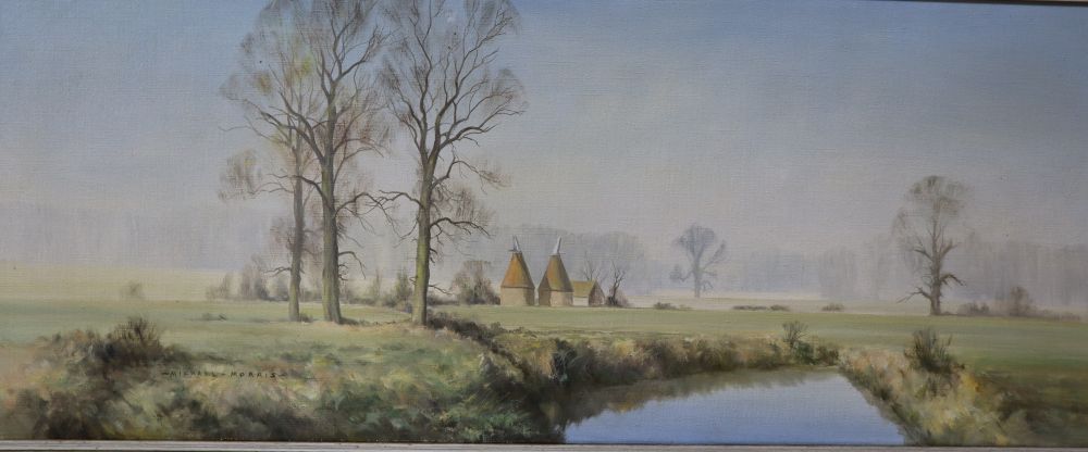 Michael Morris, oil on canvas, Landscape with oast houses, signed, 35 x 91cm
